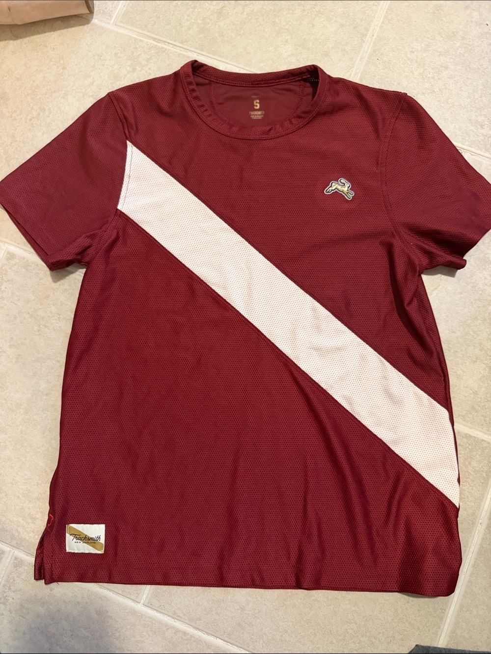 Tracksmith Maroon Tee with White Diagonal Stripe